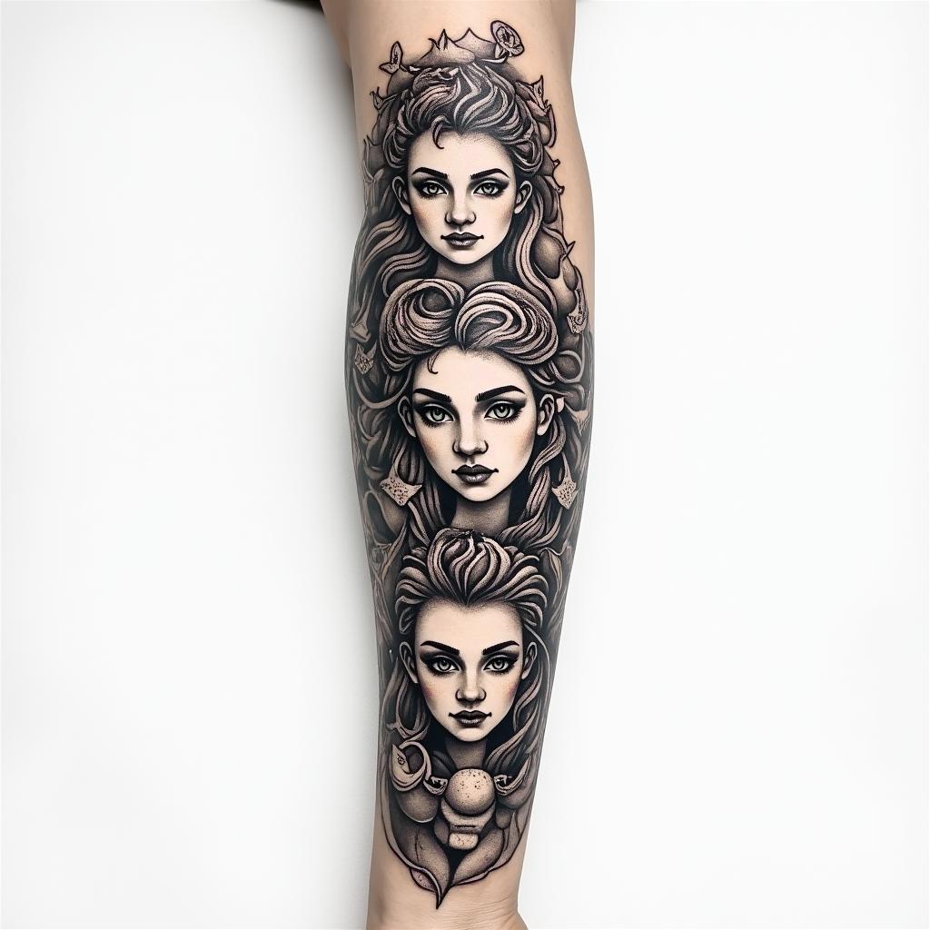 Full forearm tattoo with Virgo, Libra and Piscesin new school tattoo, pop culture, modern, detailed tattoo, illustrative - Variation 2