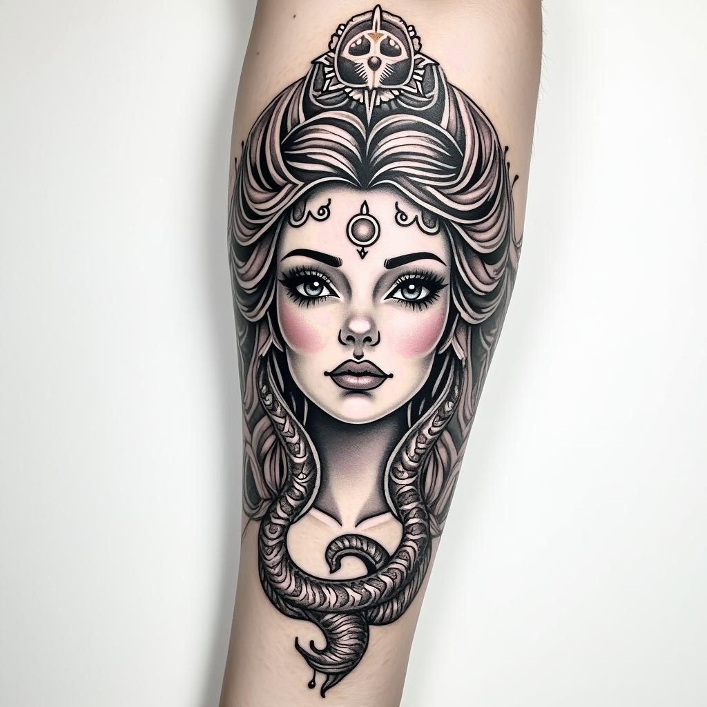Full forearm tattoo with Virgo, Libra and Piscesin new school tattoo, pop culture, modern, detailed tattoo, illustrative - Variation 3