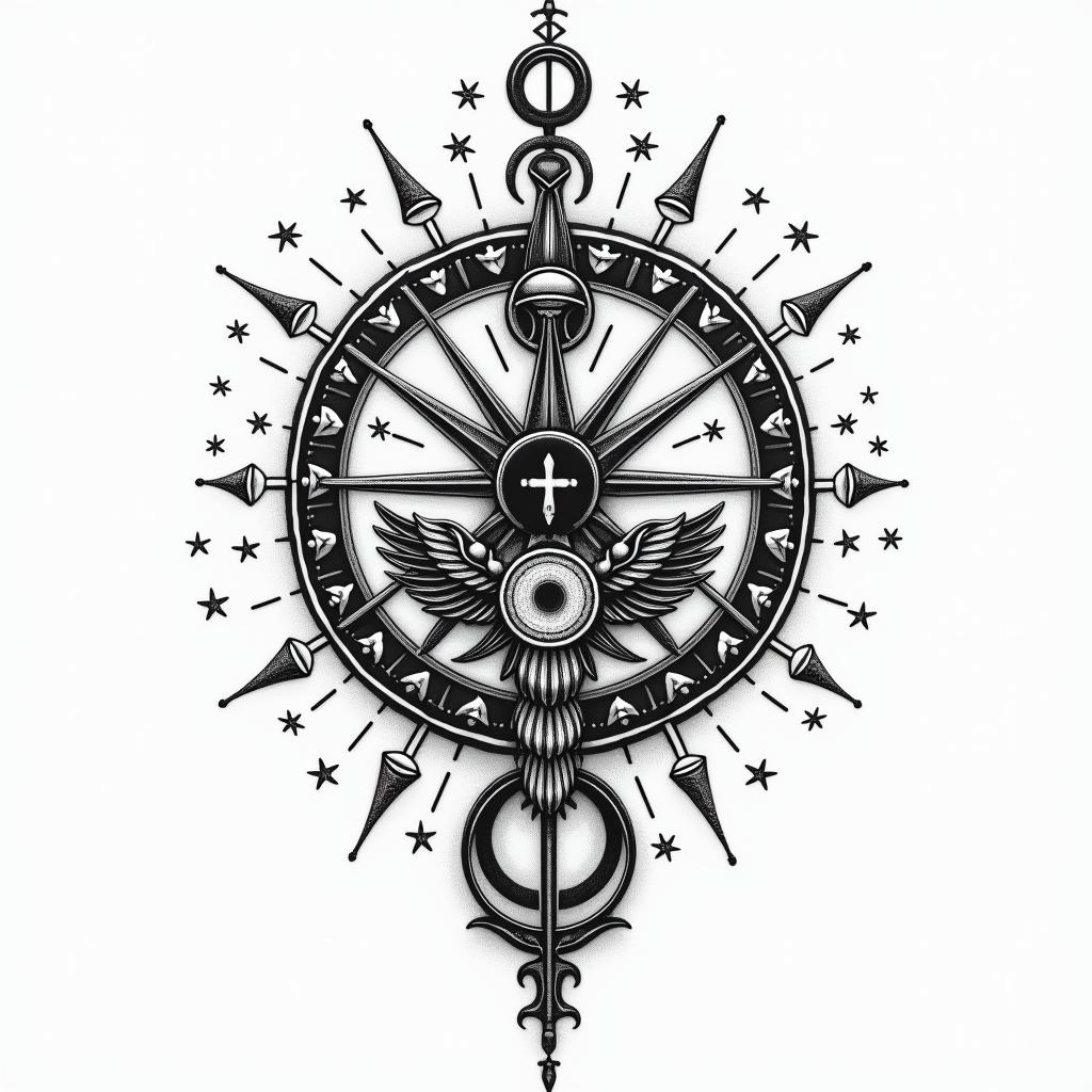 Mandi, Leo, Mainein paganic style tattoo, featuring ancient symbols, add vegvisir symbol, mystical figures, incorporating designs, pentagrams, runes, crescent moons, - Variation 4
