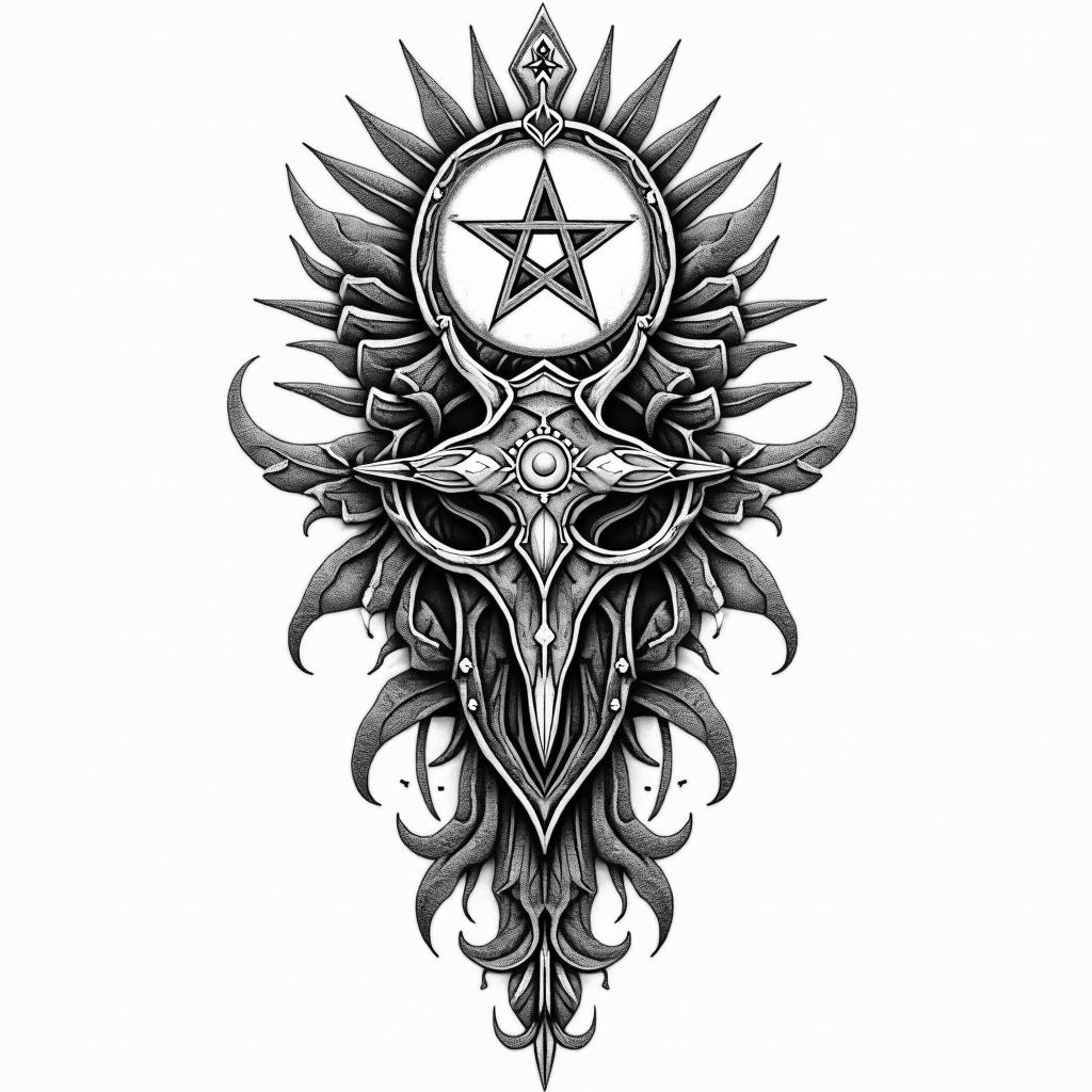 Mandi, Leo, Mainein paganic style tattoo, featuring ancient symbols, add vegvisir symbol, mystical figures, incorporating designs, pentagrams, runes, crescent moons,