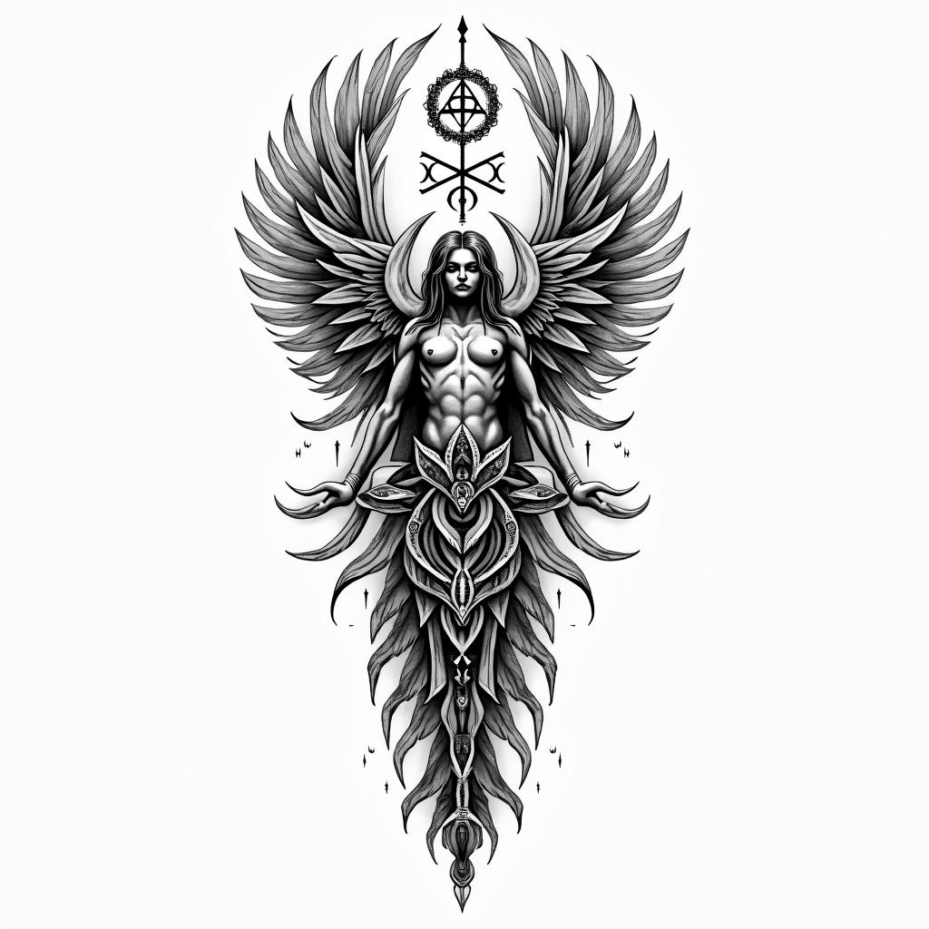 Mandi, Leo, Mainein paganic style tattoo, featuring ancient symbols, add vegvisir symbol, mystical figures, incorporating designs, pentagrams, runes, crescent moons, - Variation 2