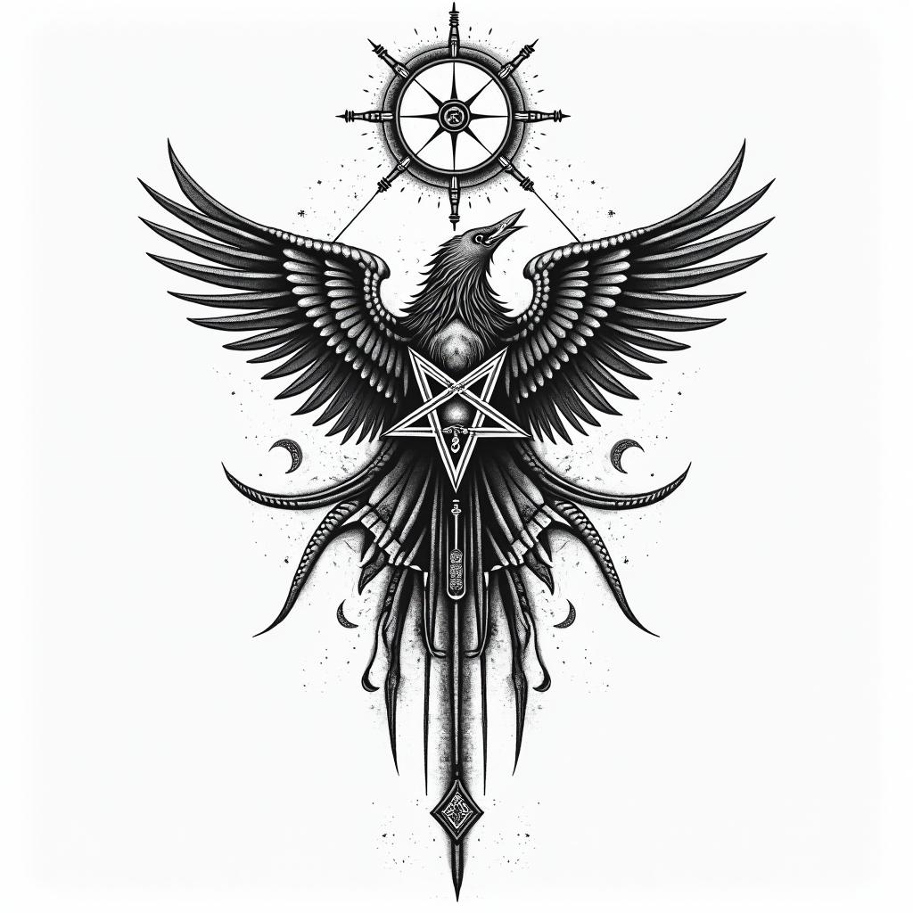 Mandi, Leo, Mainein paganic style tattoo, featuring ancient symbols, add vegvisir symbol, mystical figures, incorporating designs, pentagrams, runes, crescent moons, - Variation 3