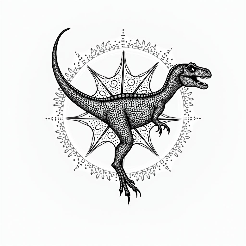Velociraptorin dotwork style tattoo, complex mandala patterns, interlocking geometric shapes with sharp symmetry, clean lines, sharp angles - Variation 1