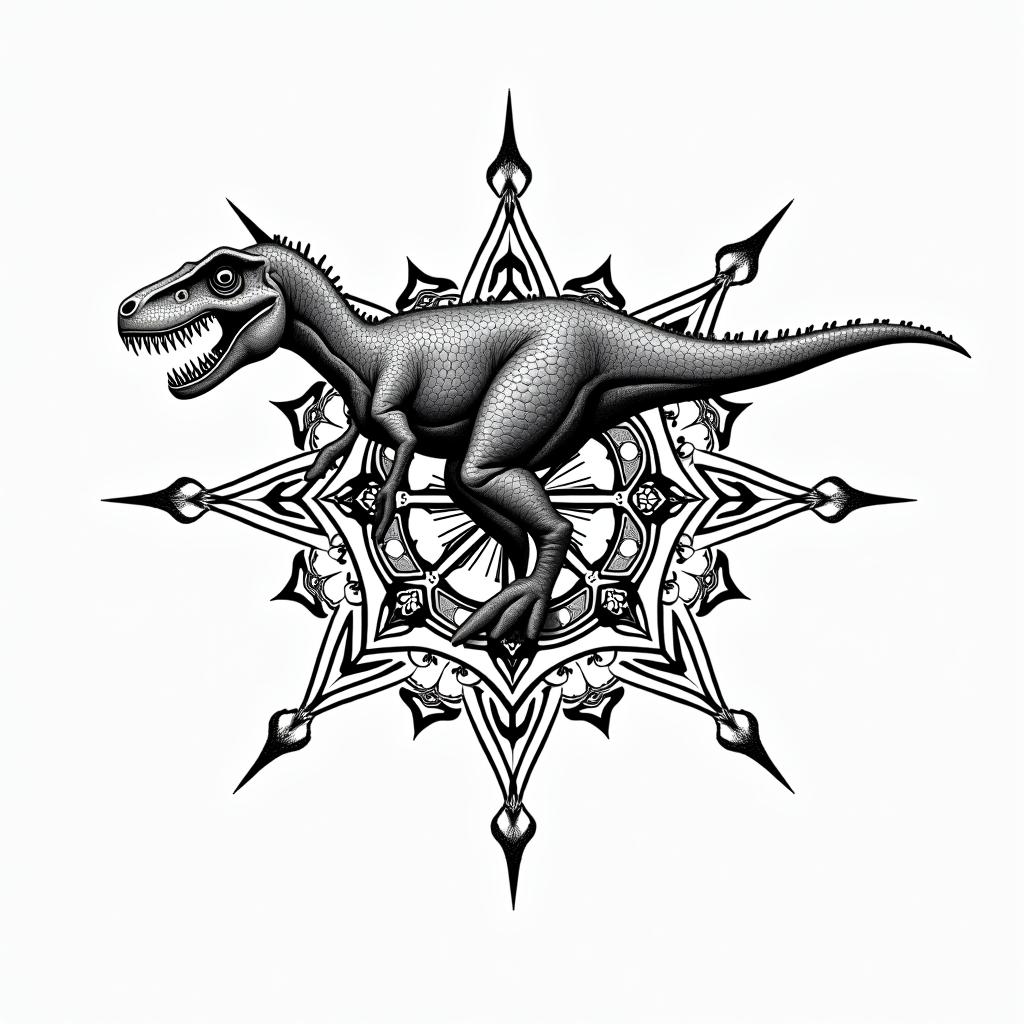 Velociraptorin dotwork style tattoo, complex mandala patterns, interlocking geometric shapes with sharp symmetry, clean lines, sharp angles - Variation 2