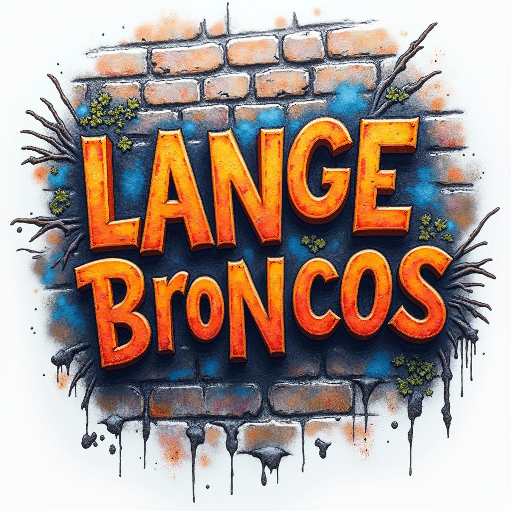 A vibrant and textured brick wall featuring orange and blue graffiti lettering that spells out "Broncos," symbolizing a celebration of 11 years of marriage. The wall is adorned with visible cracks and vines, representing the passage of time and growth in the relationship. The iconic Denver Broncos logo is positioned sideways on the inside of the left forearm, blending seamlessly into the graffiti style, creating a dynamic and meaningful tribute to a wedding at the Broncos stadium.higly detailed tattoo - Variation 4