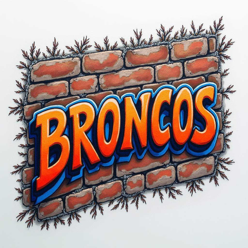 A vibrant and textured brick wall featuring orange and blue graffiti lettering that spells out "Broncos," symbolizing a celebration of 11 years of marriage. The wall is adorned with visible cracks and vines, representing the passage of time and growth in the relationship. The iconic Denver Broncos logo is positioned sideways on the inside of the left forearm, blending seamlessly into the graffiti style, creating a dynamic and meaningful tribute to a wedding at the Broncos stadium.higly detailed tattoo - Variation 3