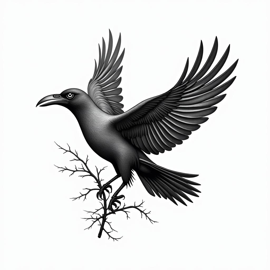 Crow, entangled, thorn, sideways, flapping,in authentic tattoo style, incorporating traditional modifications, bold black outlines, solid color fills, featuring classic authentic elements - Variation 4