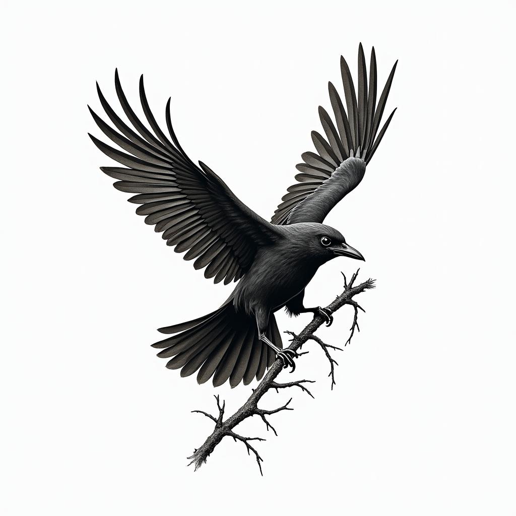 Crow, entangled, thorn, sideways, flapping,in authentic tattoo style, incorporating traditional modifications, bold black outlines, solid color fills, featuring classic authentic elements - Variation 2