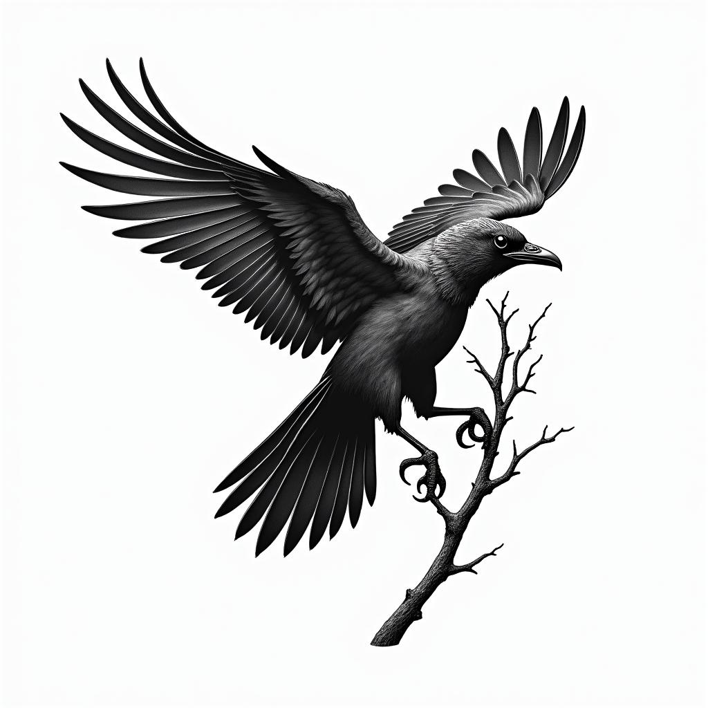 Crow, entangled, thorn, sideways, flapping,in authentic tattoo style, incorporating traditional modifications, bold black outlines, solid color fills, featuring classic authentic elements - Variation 3