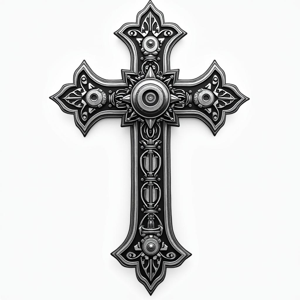 Psalm 91 verses 7 and 8 Crosstattoo in biomechanic style, the tattoo covered by robotic elements of futuristic cyberpunk design, robotic features detail, showcasing intricate mechanical components - Variation 4