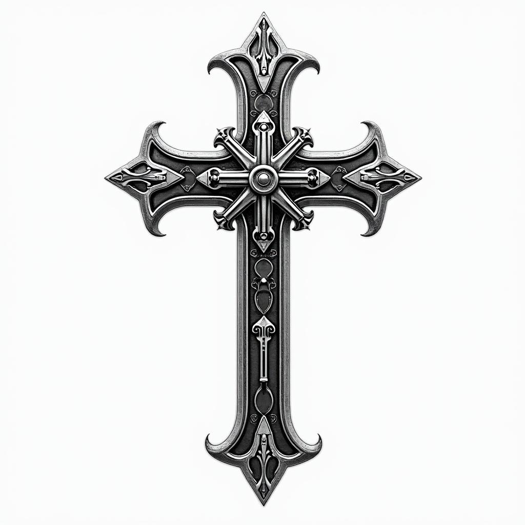 Psalm 91 verses 7 and 8 Crosstattoo in biomechanic style, the tattoo covered by robotic elements of futuristic cyberpunk design, robotic features detail, showcasing intricate mechanical components - Variation 2