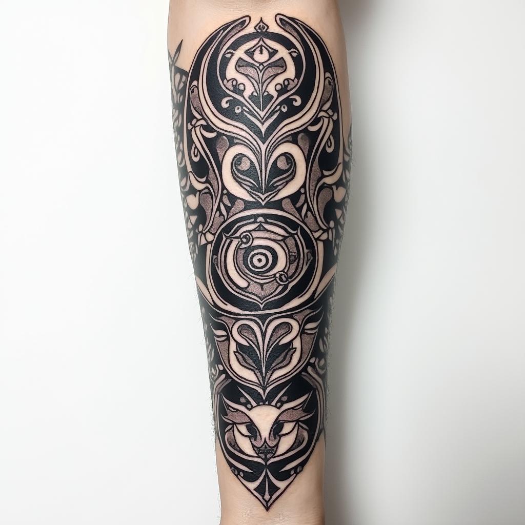Full forearm tattoo with Zodiac signs Virgo, Libra and Piscesin tribal tattoo style, featuring bold and black geometric shapes, curved lines, intertwine and flow seamlessly, creating a powerful and symbolic design, polynesian and maori styles - Variation 3