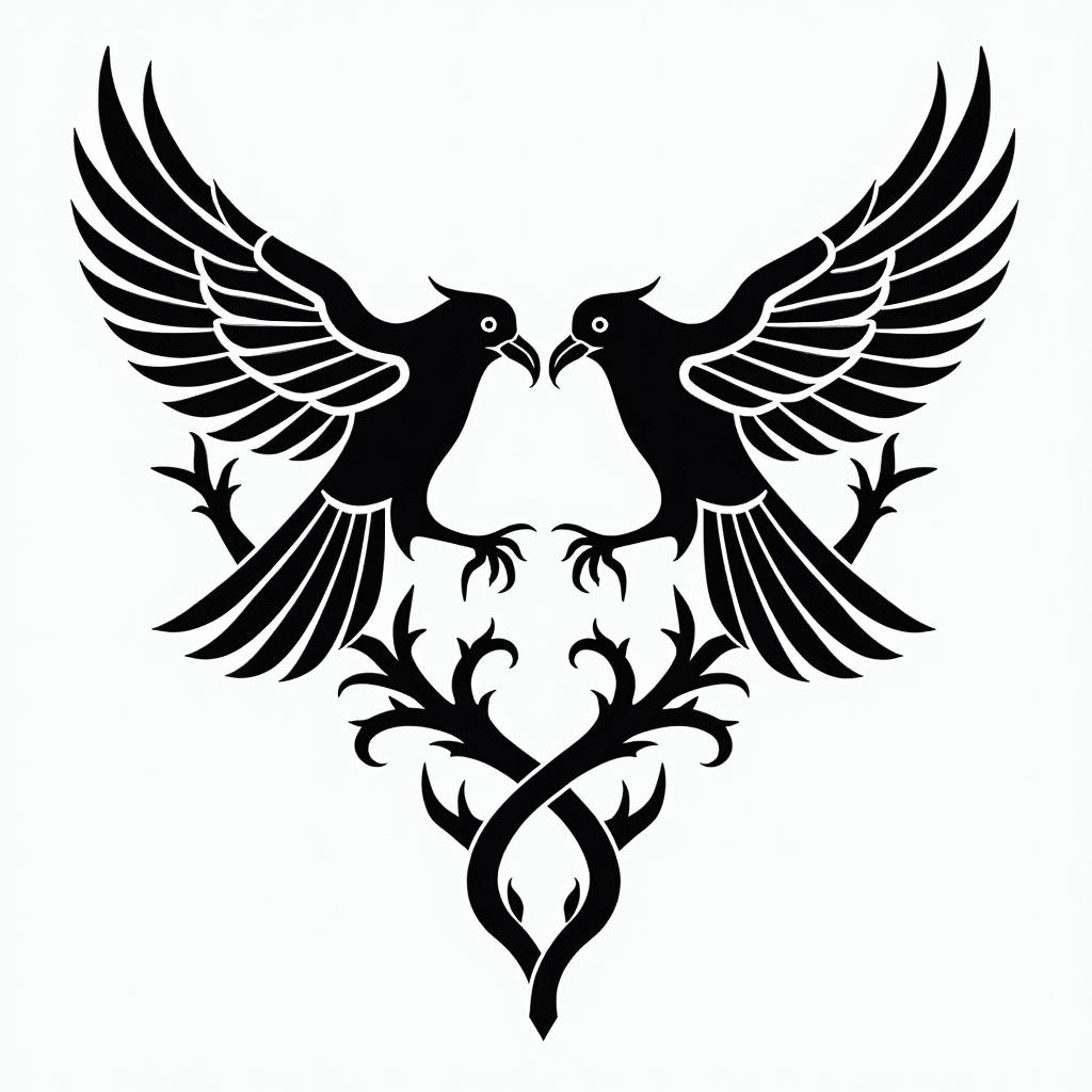 Crows, entangled, thorns, sideways, flapping.in tribal tattoo style, featuring bold and black geometric shapes, curved lines, intertwine and flow seamlessly, creating a powerful and symbolic design, polynesian and maori styles
