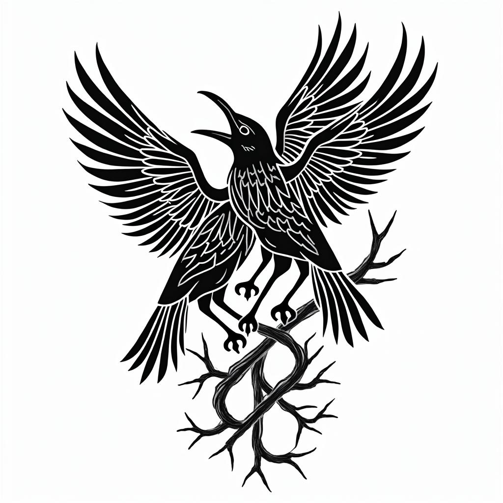 Crows, entangled, thorns, sideways, flapping.in tribal tattoo style, featuring bold and black geometric shapes, curved lines, intertwine and flow seamlessly, creating a powerful and symbolic design, polynesian and maori styles - Variation 4