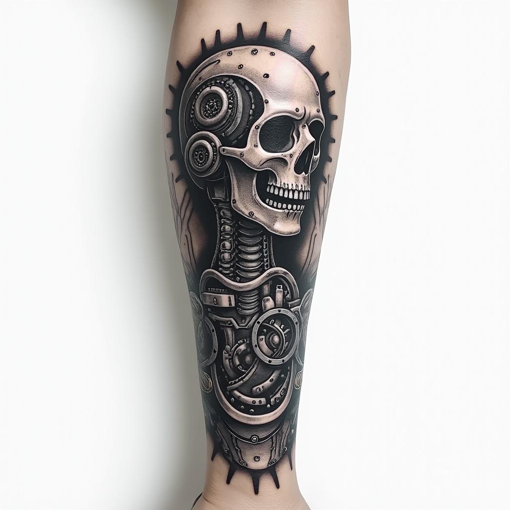 Mechanical sleevetattoo in biomechanic style, the tattoo covered by robotic elements of futuristic cyberpunk design, robotic features detail, showcasing intricate mechanical components - Variation 4