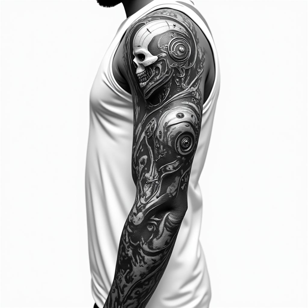 Mechanical sleevetattoo in biomechanic style, the tattoo covered by robotic elements of futuristic cyberpunk design, robotic features detail, showcasing intricate mechanical components - Variation 2