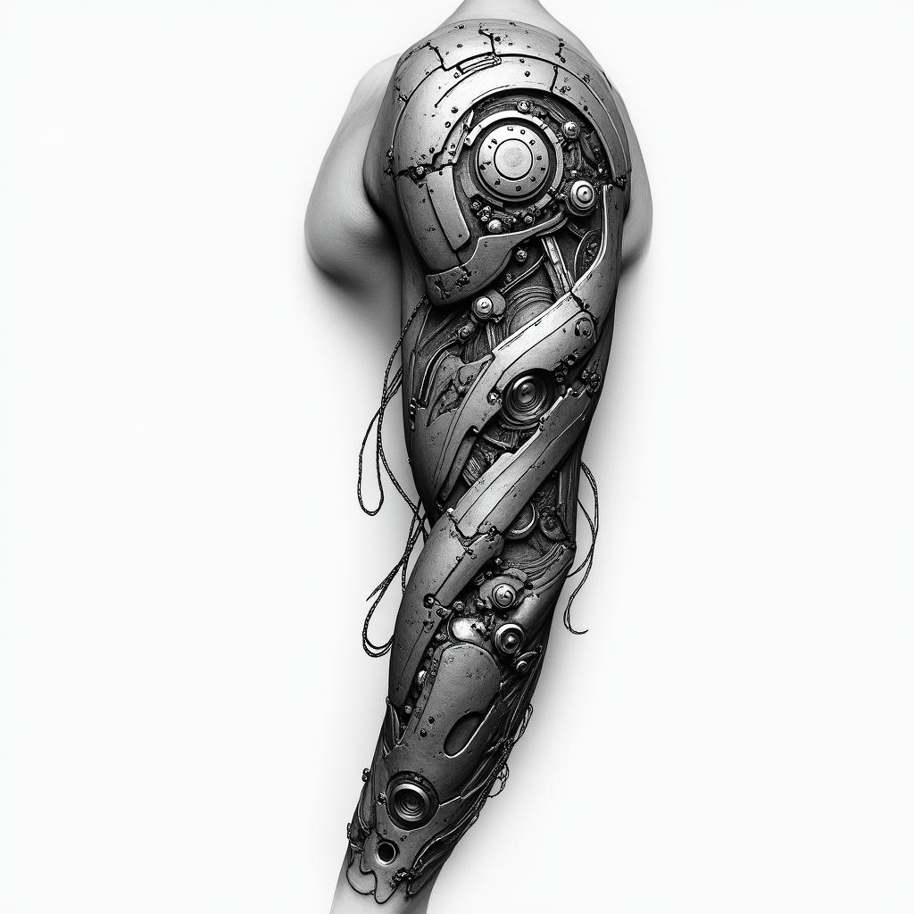 Mechanical sleevetattoo in biomechanic style, the tattoo covered by robotic elements of futuristic cyberpunk design, robotic features detail, showcasing intricate mechanical components - Variation 3