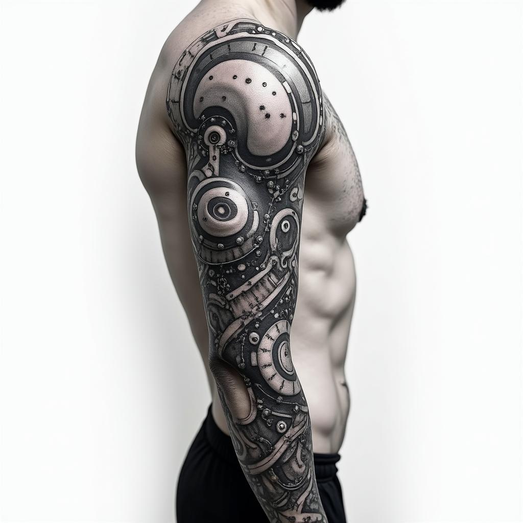 Mechanical sleevetattoo in biomechanic style, the tattoo covered by robotic elements of futuristic cyberpunk design, robotic features detail, showcasing intricate mechanical components