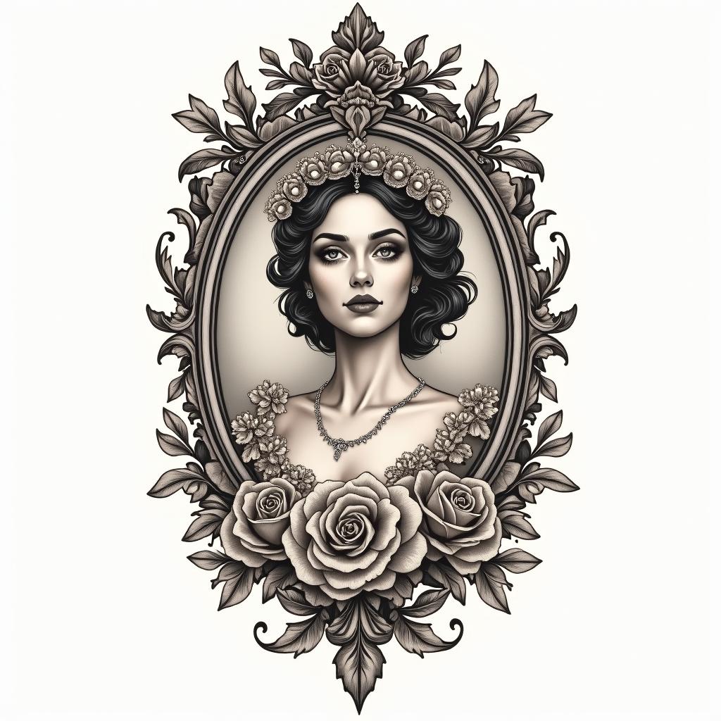 Fairy-tale, enchanted, royal, no flowers, noblein victorian style tattoo, featuring vintage and elegant elements, ornate frames, roses, antique, sepia-toned color scheme - Variation 4