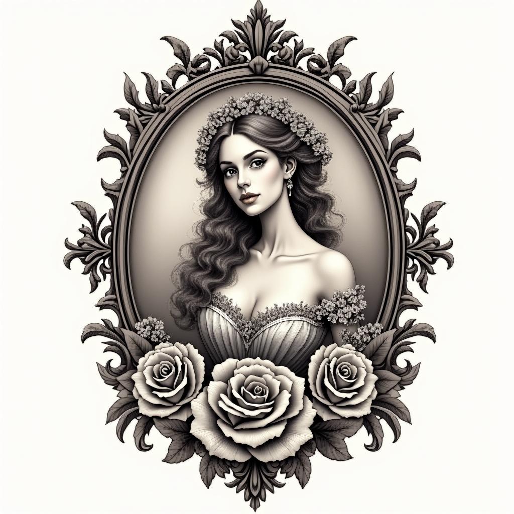 Fairy-tale, enchanted, royal, no flowers, noblein victorian style tattoo, featuring vintage and elegant elements, ornate frames, roses, antique, sepia-toned color scheme - Variation 3