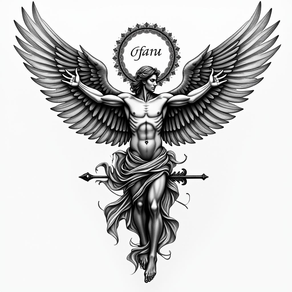A patchwork-style tattoo featuring Icarus with outstretched wings, an emblematic Greek element like a laurel wreath, and the Archangel Michael depicted in a protective pose. Include a spear of Achilles symbolizing strength, and a handwritten quote in an elegant script that reads "Pain is temporary but glory is eternal," all connected with delicate lines. The overall design should convey a sense of strength and empowerment.higly detailed tattoo - Variation 4