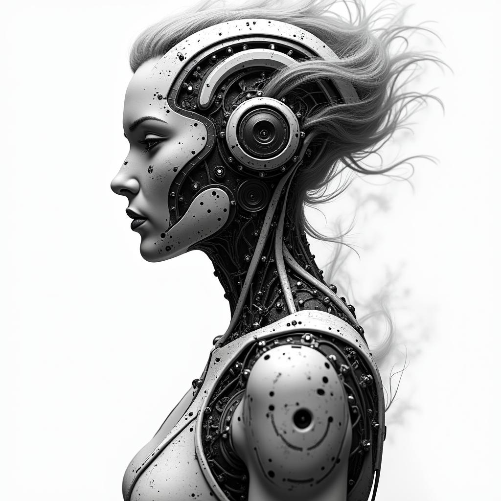 Athena, the goddess of war, firetattoo in biomechanic style, the tattoo covered by robotic elements of futuristic cyberpunk design, robotic features detail, showcasing intricate mechanical components - Variation 2