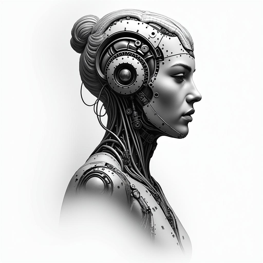 Athena, the goddess of war, firetattoo in biomechanic style, the tattoo covered by robotic elements of futuristic cyberpunk design, robotic features detail, showcasing intricate mechanical components
