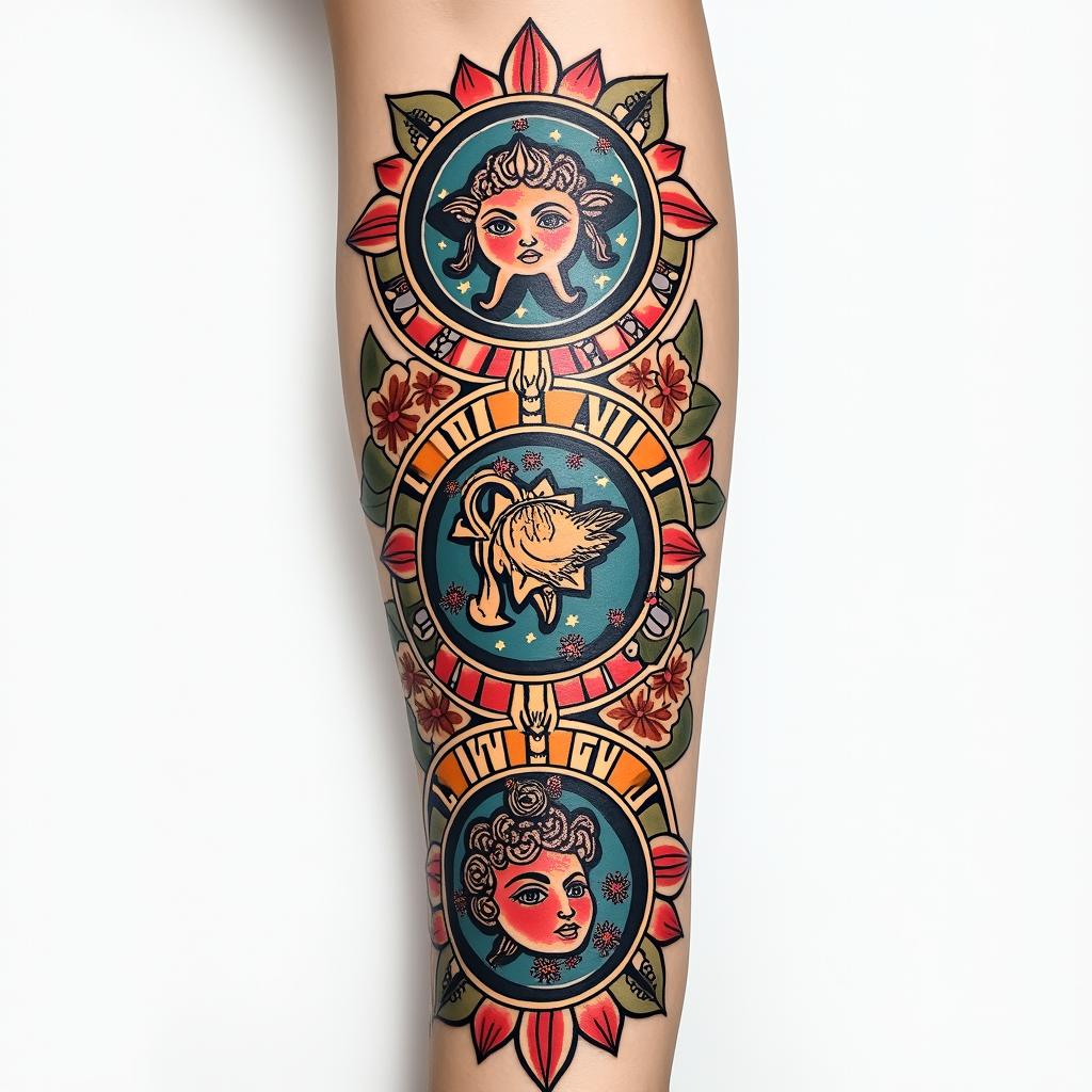 Full forearm tattoo with Zodiac signs Virgo, Libra and Piscesin pop art style tattoo, featuring bold and vibrant colors, exaggerated outlines, iconic imagery, inspired by comic books and speech bubbles, comic book characters, retro pop culture - Variation 2