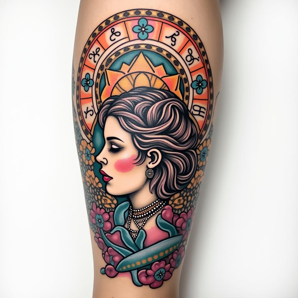Full forearm tattoo with Zodiac signs Virgo, Libra and Piscesin pop art style tattoo, featuring bold and vibrant colors, exaggerated outlines, iconic imagery, inspired by comic books and speech bubbles, comic book characters, retro pop culture