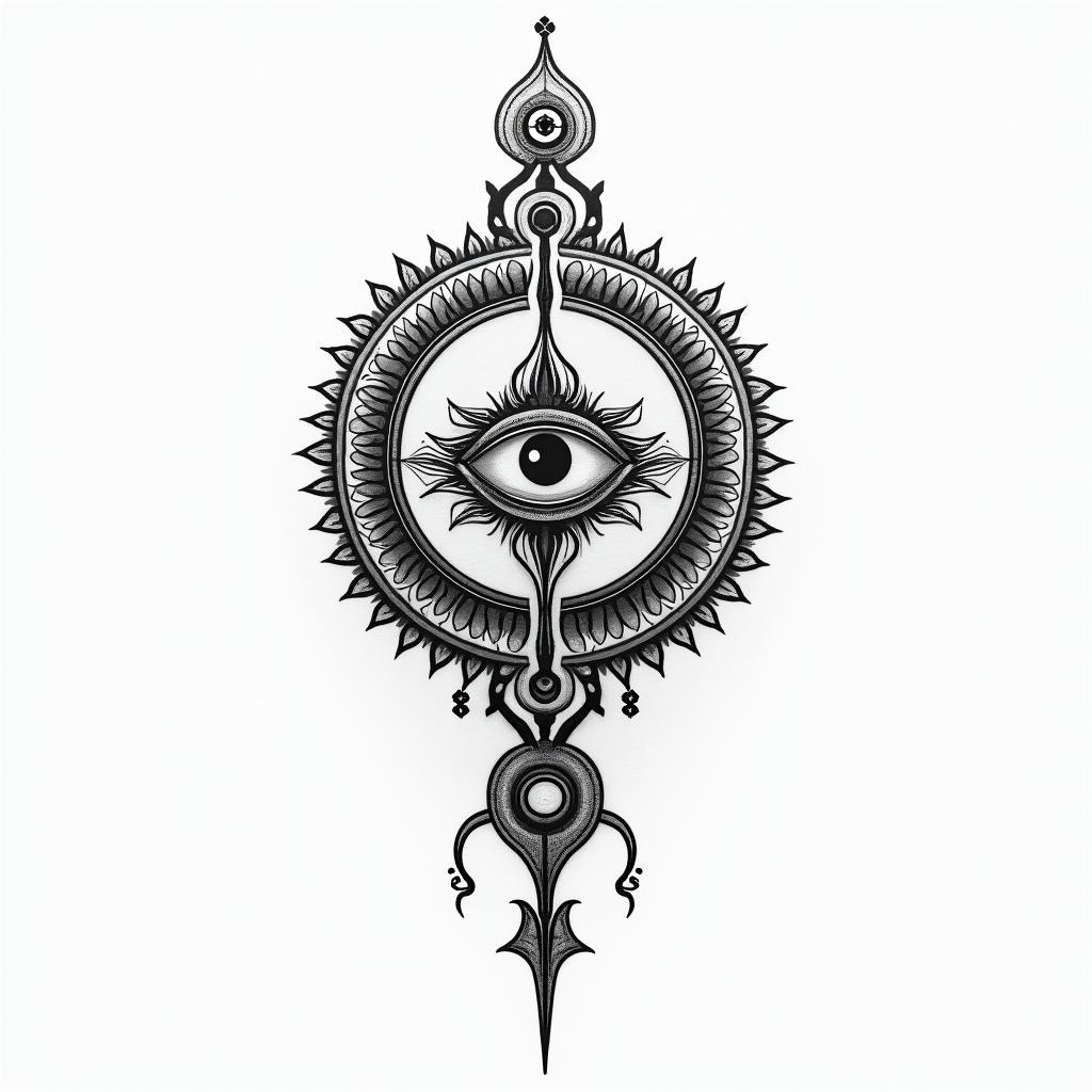 Vadalia Sagittarius Franklin Countyin spiritual symbols tattoo style, featuring an intricate design incorporating elements, Hamsa hand, third eye, minimalist composition - Variation 4