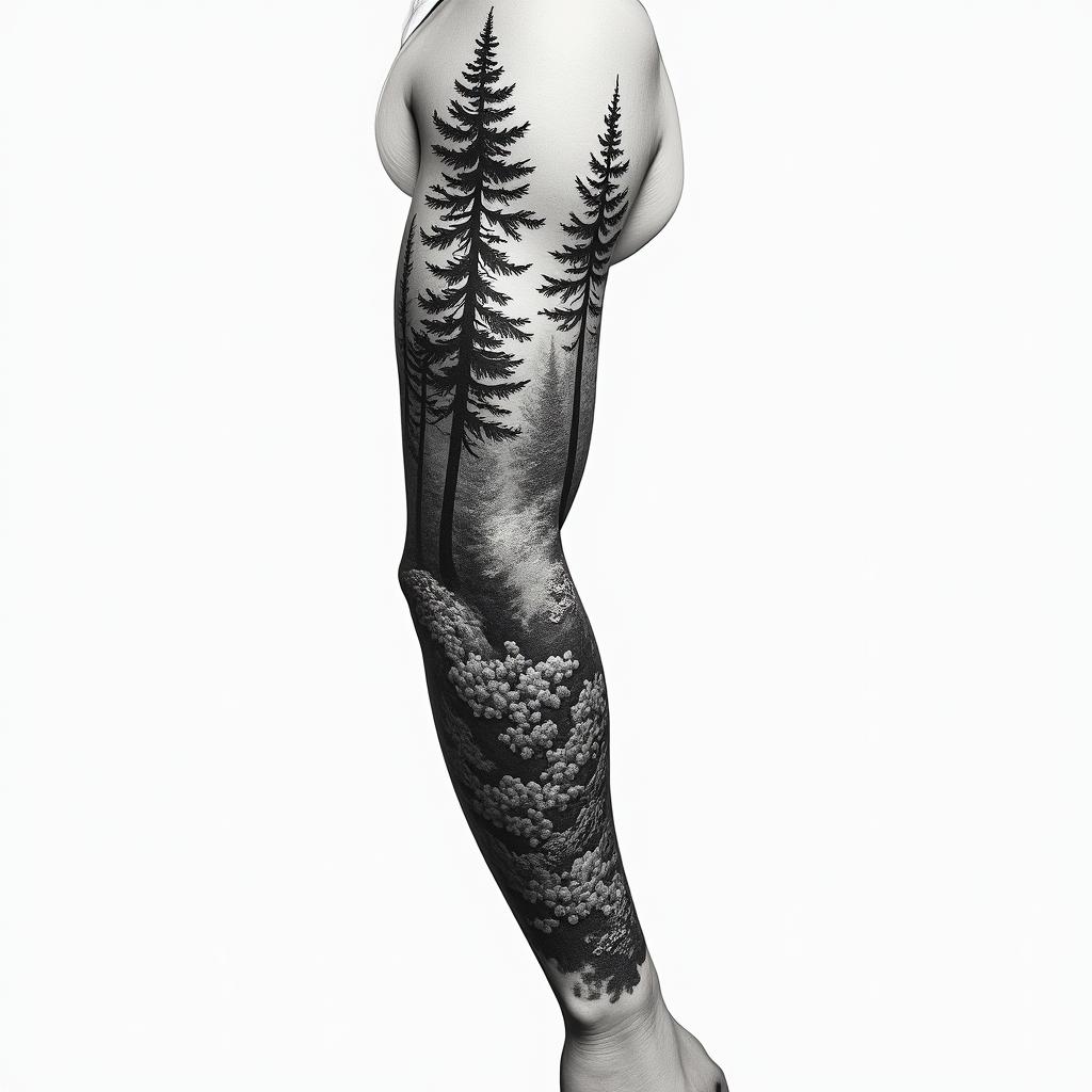 Make me a tattoo design for a full arm sleeve, with a forest themehigly detailed tattoo - Variation 2
