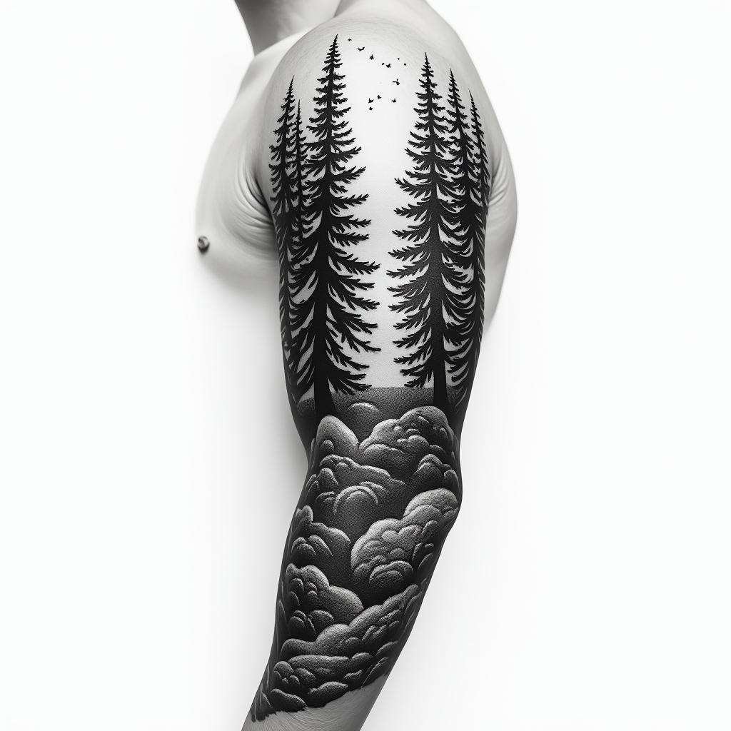 Make me a tattoo design for a full arm sleeve, with a forest themehigly detailed tattoo - Variation 4