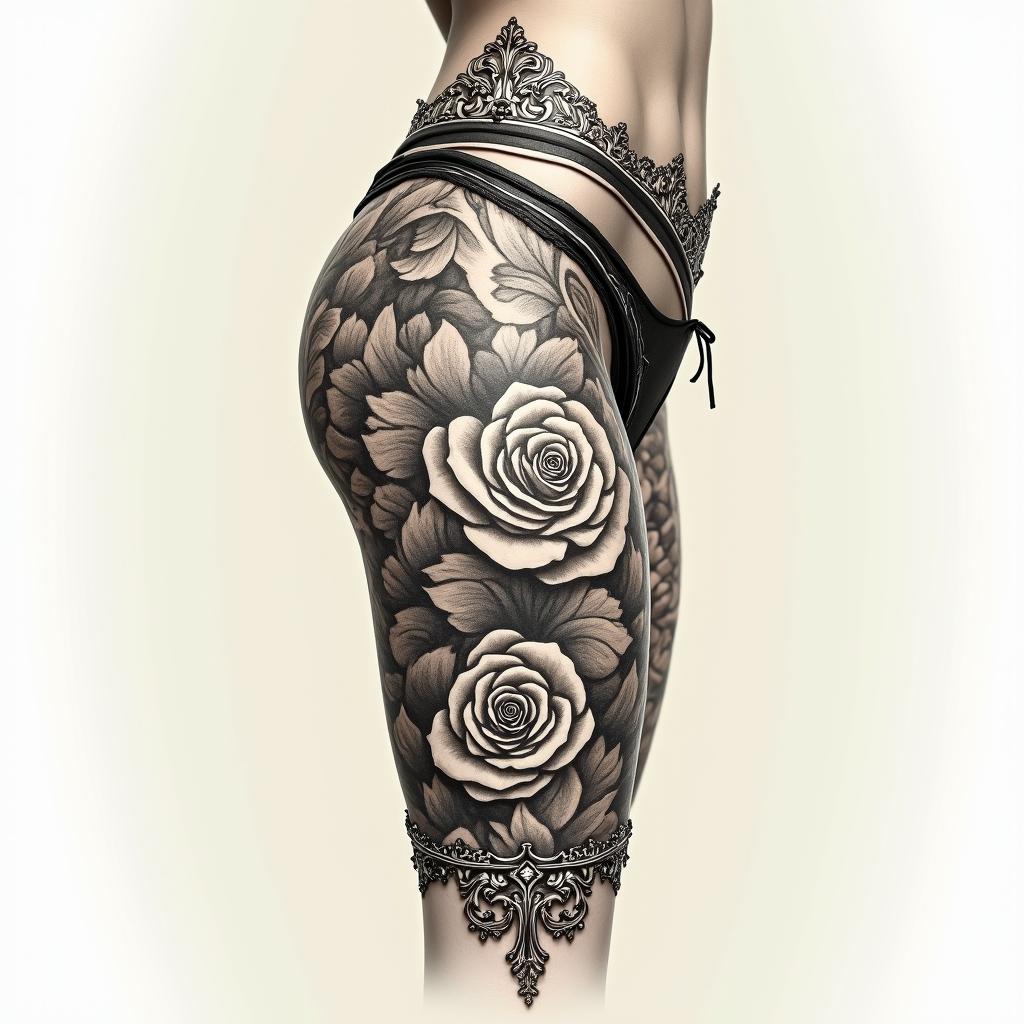 Outer thigh,in victorian style tattoo, featuring vintage and elegant elements, ornate frames, roses, antique, sepia-toned color scheme - Variation 3