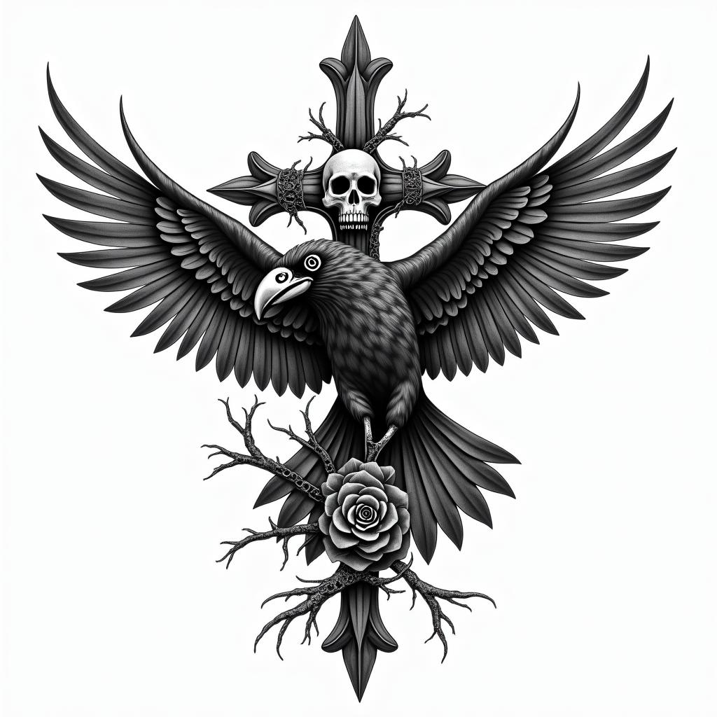 Crow, entangled, thorns, sideways, flapping.in chicano style tattoo, featuring intricate black and grey shading, bold elements of traditional chicano culture symbols, add a big cross with skull, chains and roses - Variation 4