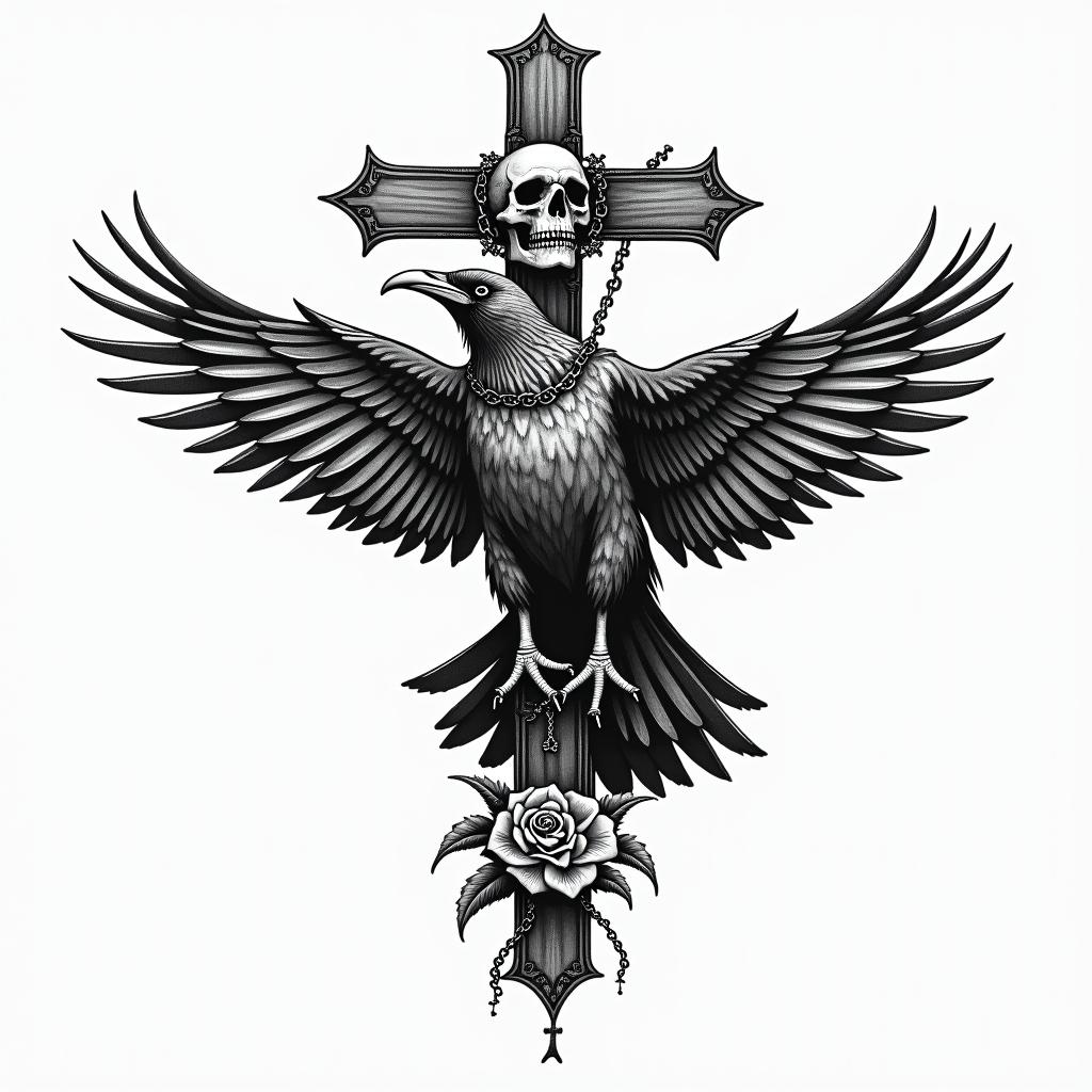 Crow, entangled, thorns, sideways, flapping.in chicano style tattoo, featuring intricate black and grey shading, bold elements of traditional chicano culture symbols, add a big cross with skull, chains and roses - Variation 2