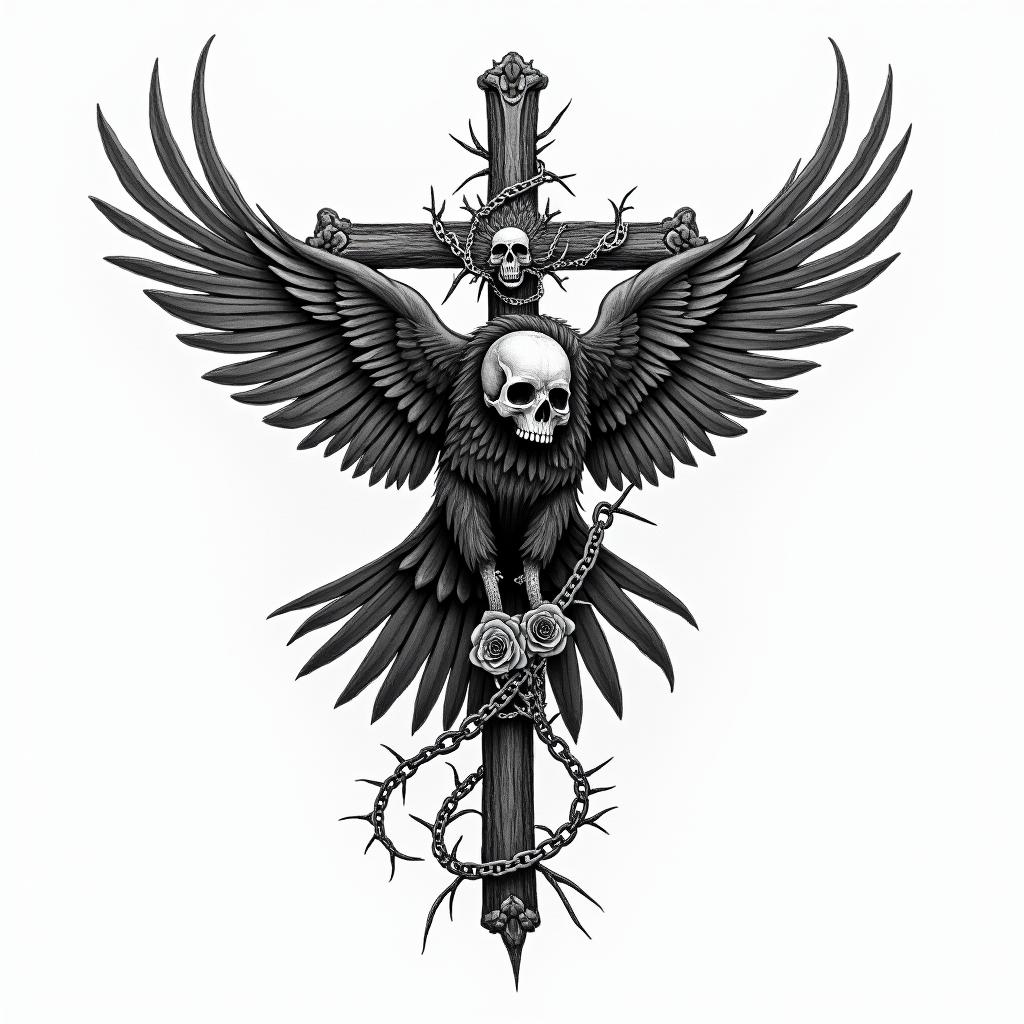 Crow, entangled, thorns, sideways, flapping.in chicano style tattoo, featuring intricate black and grey shading, bold elements of traditional chicano culture symbols, add a big cross with skull, chains and roses