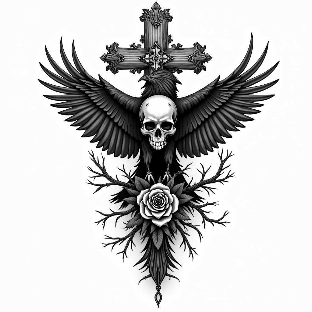 Crow, entangled, thorns, sideways, flapping.in chicano style tattoo, featuring intricate black and grey shading, bold elements of traditional chicano culture symbols, add a big cross with skull, chains and roses - Variation 3