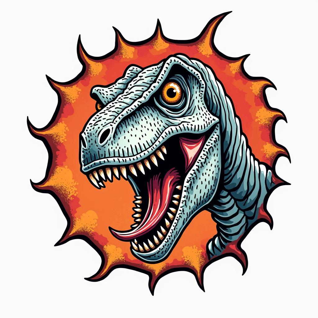 Velociraptorin pop art style tattoo, featuring bold and vibrant colors, exaggerated outlines, iconic imagery, inspired by comic books and speech bubbles, comic book characters, retro pop culture - Variation 3