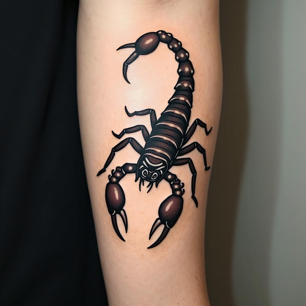 Scorpion with sharp, detailed clawsin 8-bit tattoo style, minimalistic pixel style tattoo, pixel art with simplified shapes and retro gaming visuals, inspired by 8-bit pixel based detailing