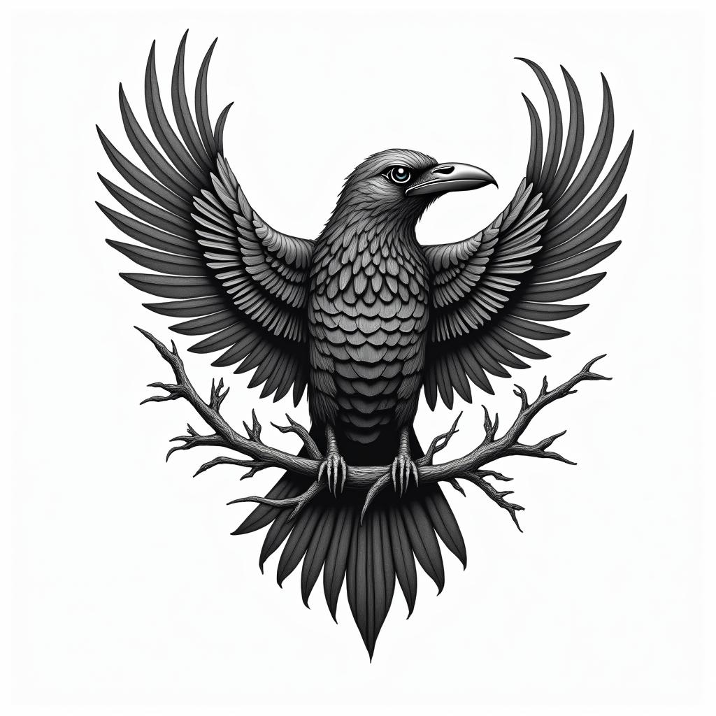 Crow, entangled, thorn, sideways, flapping wings,in egyptian style tattoo, bold elements of ancient egyptian culture including a portrait of an Egyptian pharaoh with detailed facial features, in hieroglyphs and symbolic imagery, eye of horus, ankh symbol, scarab beetle