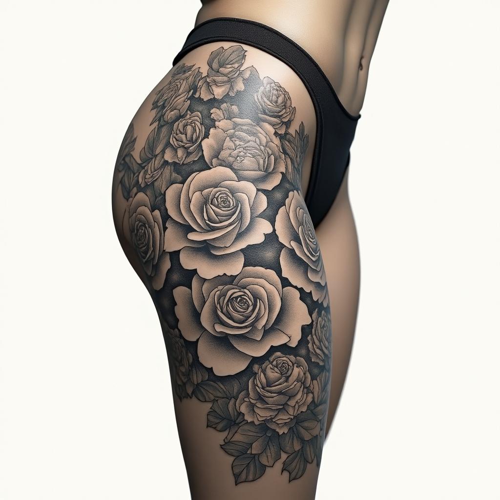 Outer thigh, no flowersin victorian style tattoo, featuring vintage and elegant elements, ornate frames, roses, antique, sepia-toned color scheme