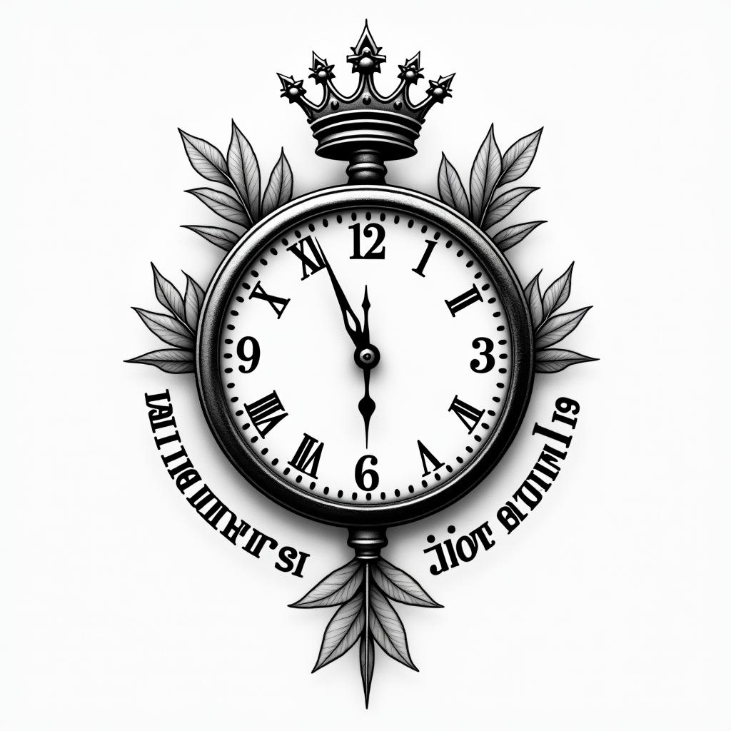 A tattoo design featuring a timepiece with the hands stopped at 5:15, symbolizing the tragic loss of a son. Integrated with the timepiece is a simple crown, representing the phrase "what's a king without a crown," reflecting his character. The words "live fast die young" elegantly flow around the timepiece and crown, capturing the essence and memory of the son. The overall style is a blend of realism and simplicity, with a focus on meaningful symbolism.higly detailed tattoo - Variation 8