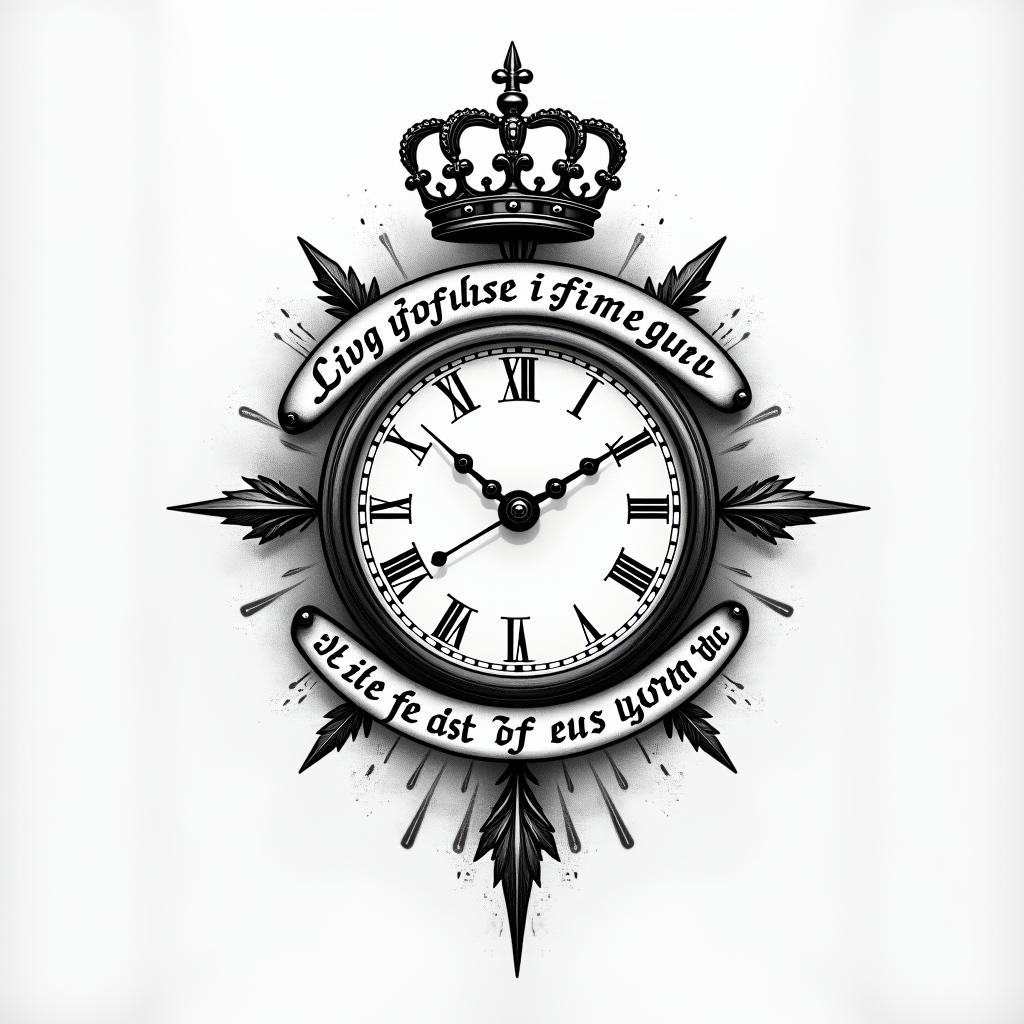 A tattoo design featuring a timepiece with the hands stopped at 5:15, symbolizing the tragic loss of a son. Integrated with the timepiece is a simple crown, representing the phrase "what's a king without a crown," reflecting his character. The words "live fast die young" elegantly flow around the timepiece and crown, capturing the essence and memory of the son. The overall style is a blend of realism and simplicity, with a focus on meaningful symbolism.higly detailed tattoo - Variation 5