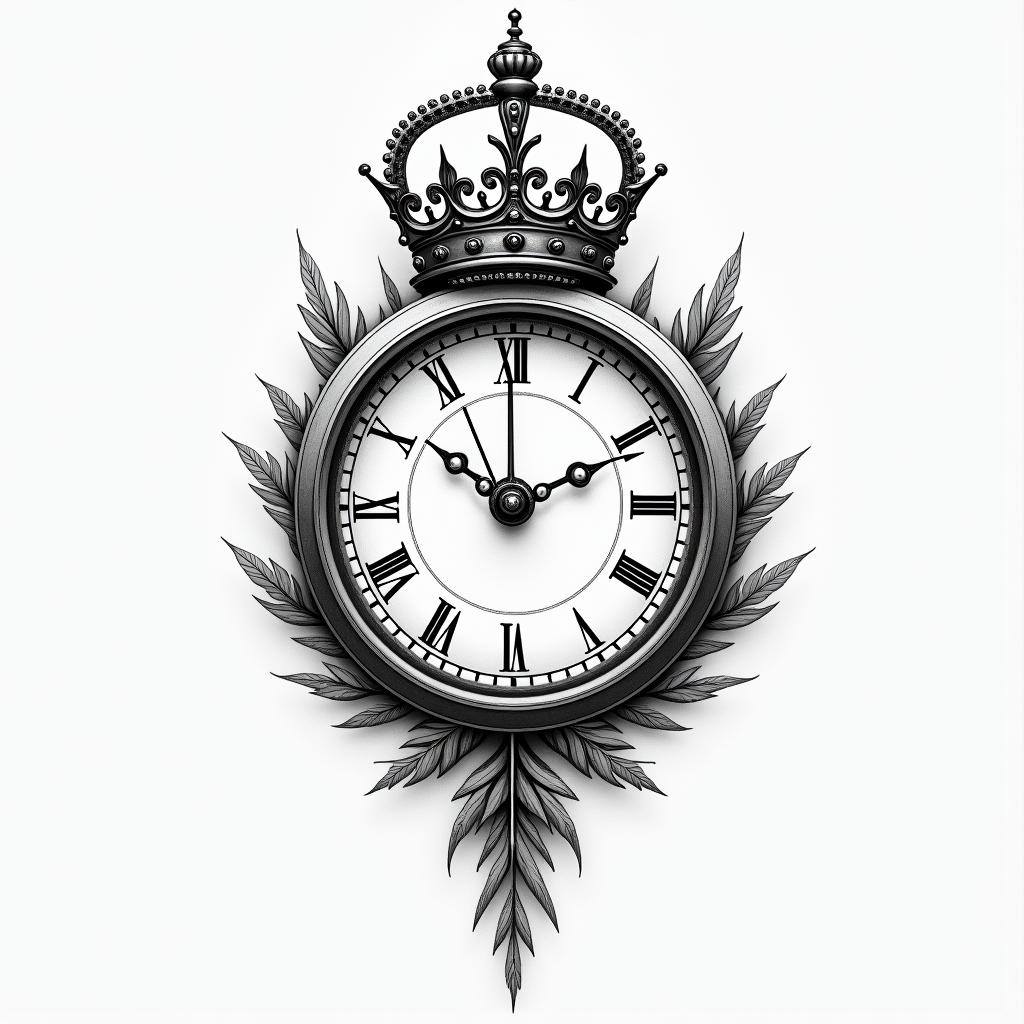 A tattoo design featuring a timepiece with the hands stopped at 5:15, symbolizing the tragic loss of a son. Integrated with the timepiece is a simple crown, representing the phrase "what's a king without a crown," reflecting his character. The words "live fast die young" elegantly flow around the timepiece and crown, capturing the essence and memory of the son. The overall style is a blend of realism and simplicity, with a focus on meaningful symbolism.higly detailed tattoo - Variation 6