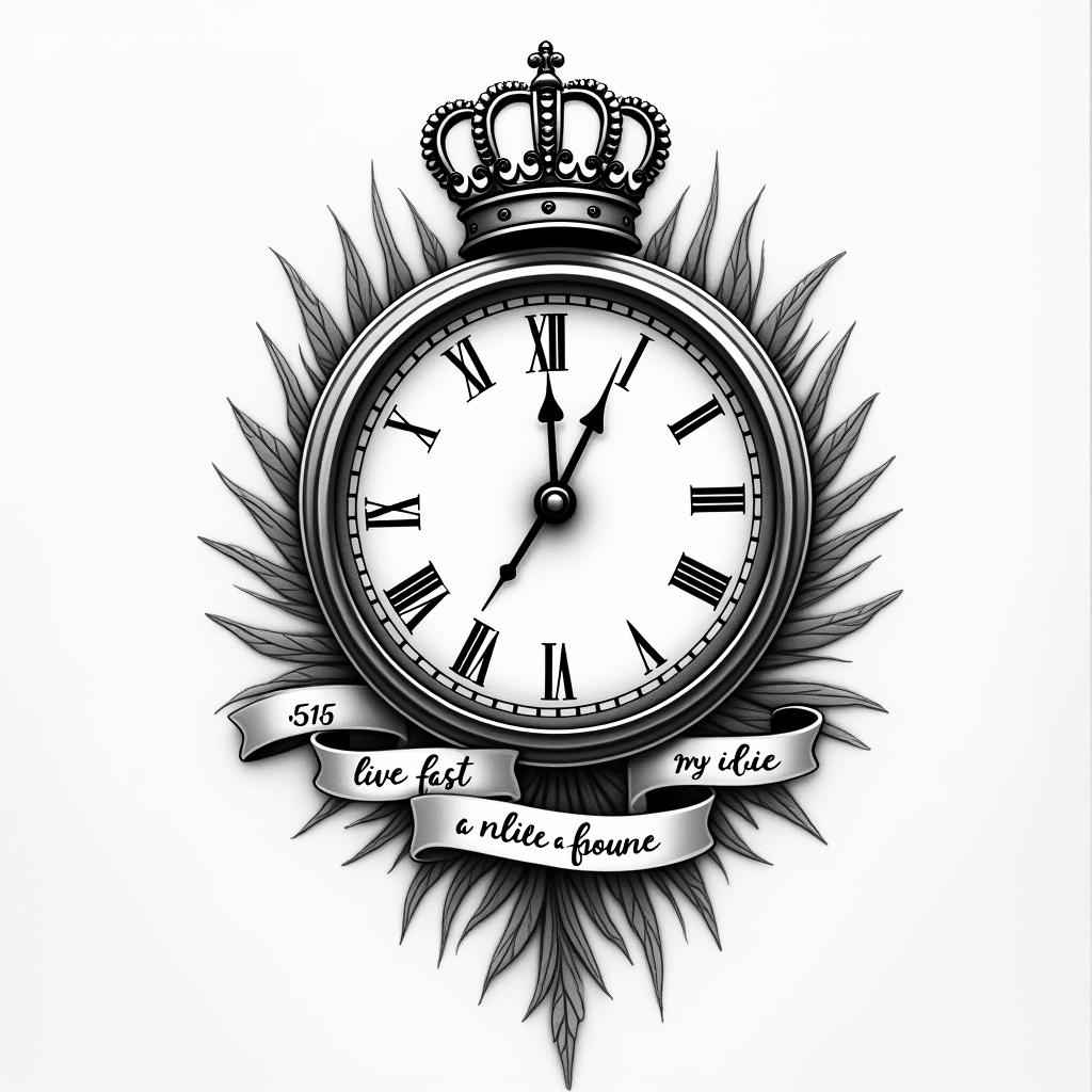 A tattoo design featuring a timepiece with the hands stopped at 5:15, symbolizing the tragic loss of a son. Integrated with the timepiece is a simple crown, representing the phrase "what's a king without a crown," reflecting his character. The words "live fast die young" elegantly flow around the timepiece and crown, capturing the essence and memory of the son. The overall style is a blend of realism and simplicity, with a focus on meaningful symbolism.higly detailed tattoo - Variation 7