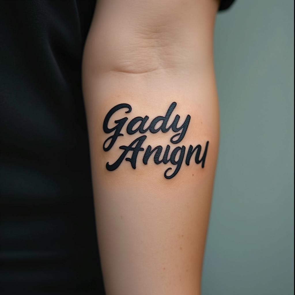 Gladys, gemini, single momtext-based tattoo, japanese font ultra-realistic, perfectly placed, high-quality font design, photo-realistic shading, 8k, high quality, finely detailed typograph - Variation 1