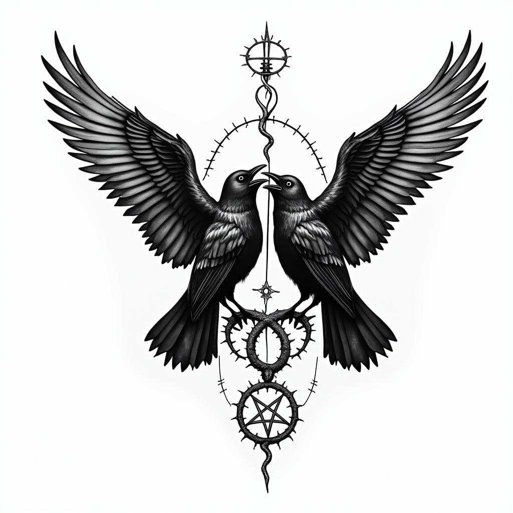 Crows, entangled, wings, thorns, sideways, flapping.in paganic style tattoo, featuring ancient symbols, add vegvisir symbol, mystical figures, incorporating designs, pentagrams, runes, crescent moons, - Variation 1