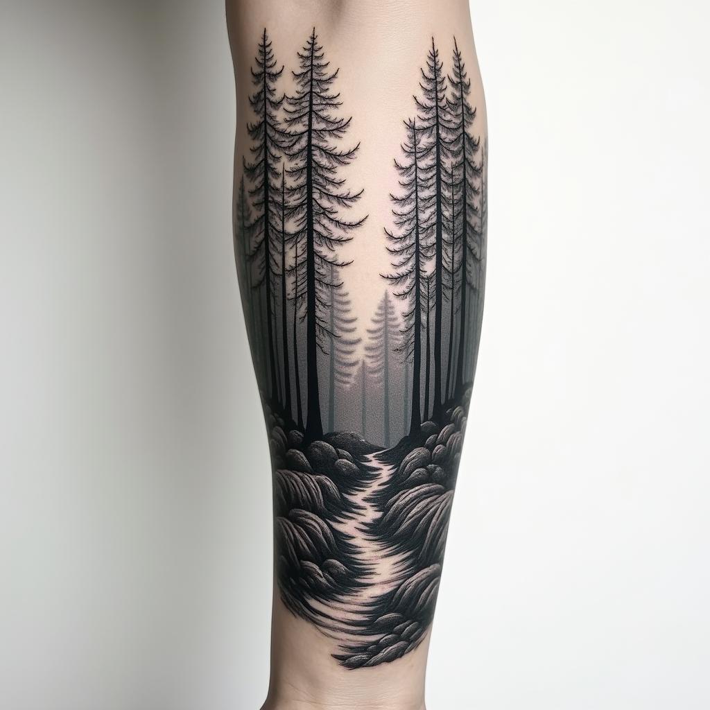 Make me a tattoo design for a full arm sleeve, with a forest themein realism tattoo style, featuring a highly detailed, lifelike, capturing every detail, photorealistic, ultra realistic, intricate shading, smooth and sharp,   - Variation 2