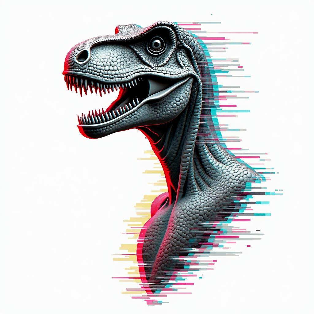 Velociraptorin distorted and fragmented tattoo design, featuring a classical statue bust, in a glitch art style with vibrant, overlapping colors of cyan, magenta, and yellow, creating a digital distortion effect - Variation 2