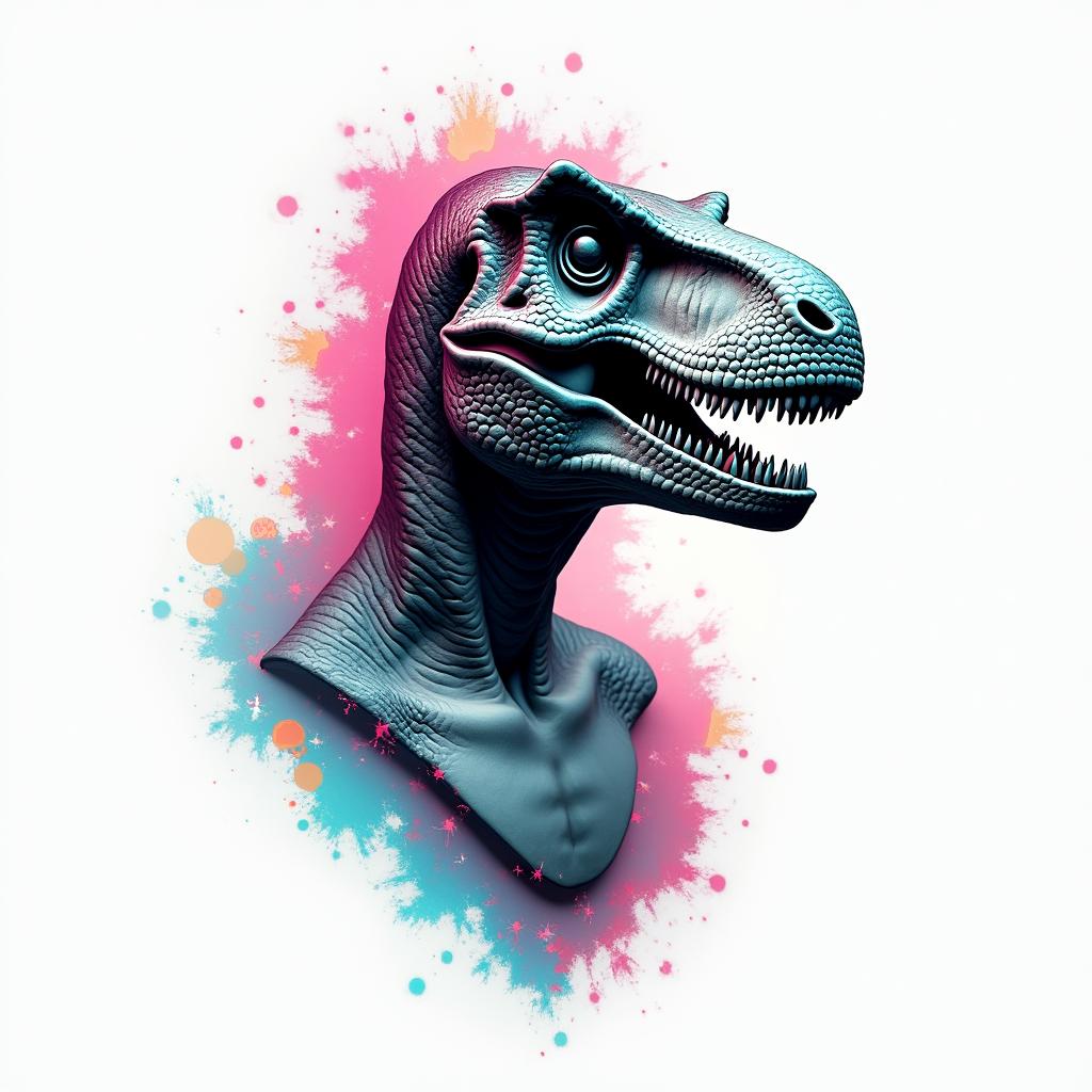Velociraptorin distorted and fragmented tattoo design, featuring a classical statue bust, in a glitch art style with vibrant, overlapping colors of cyan, magenta, and yellow, creating a digital distortion effect